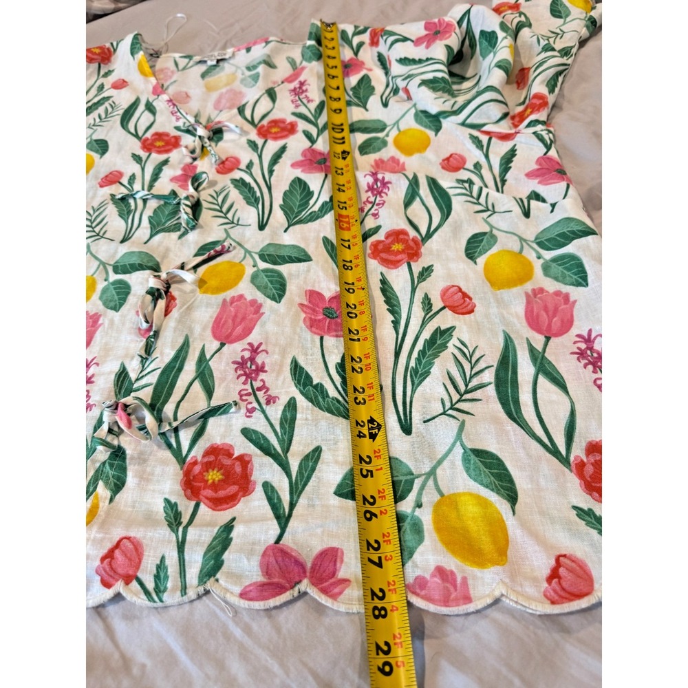 Rachel Zoe Linen Blend Lemon Floral Tunic Top 3X Tie Front Scallop Hem - Picture 12 of 12
